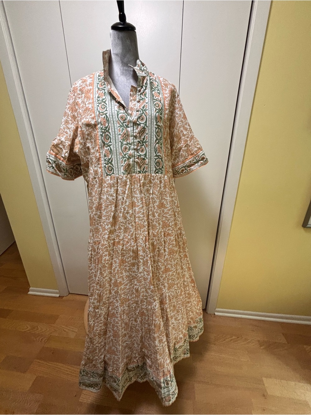 Boho Floral Cotton Maxi Dress in Peach and GreenXL